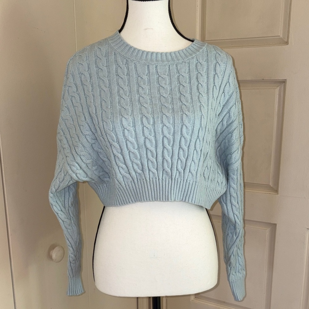 Altr’d State Cable Knit Crewneck Cropped Sweater - Light Blue
